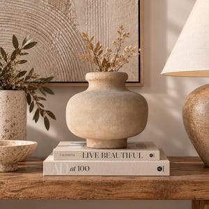 Könnte beinhalten: Eine beige, texturierte, runde Keramikvase mit breitem Boden und engem Hals, in der sich getrocknete Zweige befinden. Sie steht auf zwei gestapelten Büchern mit den Titeln Live Beautiful und AD at 100 auf einer Holzoberfläche in neutralen Tönen.