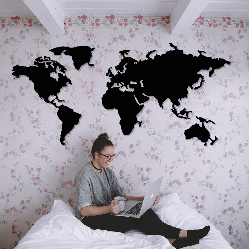 World Map Metal Wall Art Metal World Map Wall Art Bedroom Etsy