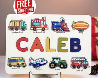 Personalized Wooden Name Puzzle: Montessori Baby Toy, Transportation Theme