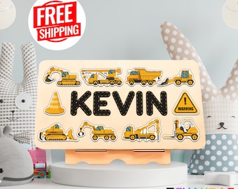Personalized Wooden Name Puzzle: Construction Truck Theme, Kids Birthday Gift