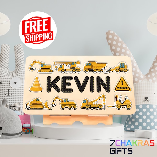 Personalized Construction Puzzle Wooden Craft Dump Truck, Backhoe, Digger Construction Set Birthday Gifts for Kids Name Puzzle Toy