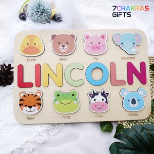 Animal Icon Wooden Name Puzzle for Toddlers, Montessori Toy, 1St Birthday Gift, Baby Shower Gift, Custom Name Puzzle, Easter Gift for Baby