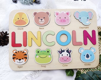 Animal Icon Wooden Name Puzzle for Toddlers, Montessori Toy, 1St Birthday Gift, Baby Shower Gift, Custom Name Puzzle, Easter Gift for Baby