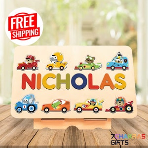 Wooden Name Puzzle Personalized Custom Name Puzzle with Cars Best Christmas Gifts For Kids 1st Birthday Boy Gift Name Puzzle for Kids Gifts