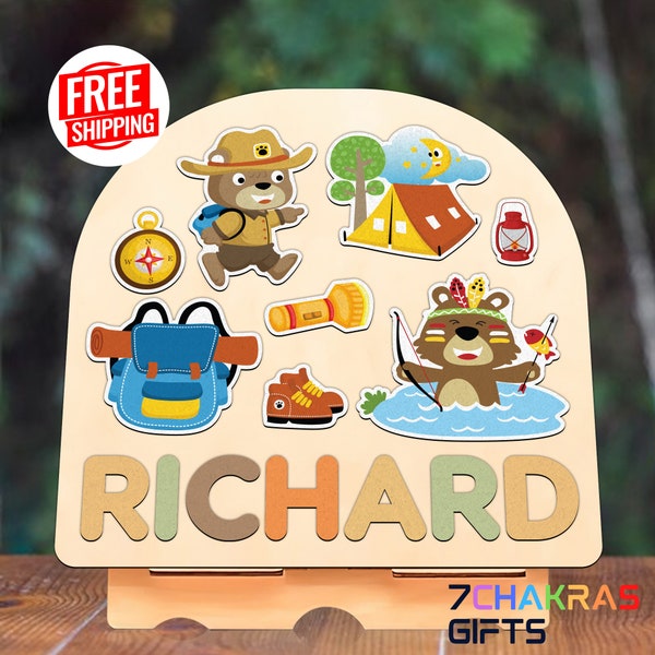 Happy Camping Name Puzzle for Toddlers Montessori Wooden Puzzle Gift for Children Personalized Gift for Kids Christmas Name Puzzle