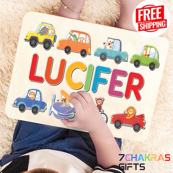 A handcrafted wooden name puzzle shaped around a car/truck theme — the child literally spells their own name while playing with a toy they love.