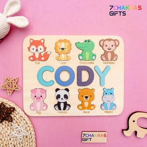 Cute Animal Name Puzzle,Animal Toy, 1st Birthday Gift, 1st Christmas Gift, Baby shower gift, Baby Christmas Gift Handmade Puzzle with Animal