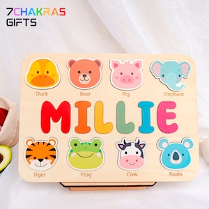 Wooden Name Puzzle with Animals Baby Girl and Boy Gift First Christmas Gift Wood Toy for One Year Old Busy Board Puzzle, Birthday Gifts