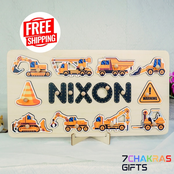 Construction Truck Wooden Name Puzzle: Personalized Toddler Birthday Gift