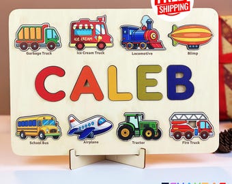 Personalized Wooden Name Puzzle, Vehicle Name Puzzle Gift for Baby Boy, 1st Birthday Gift, Baby Shower Gift, 1st Christmast Gift