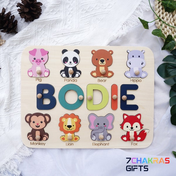 Rompecabezas de nombres, rompecabezas de madera con nombres de animales para bebés, rompecabezas de nombres con clavijas, decoración de guardería, regalo para bebé de primer cumpleaños