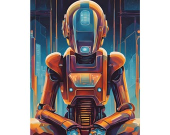 Zen Android in Cityscape | Retro Sci-Fi Meditating Robot | Matte Vertical Poster