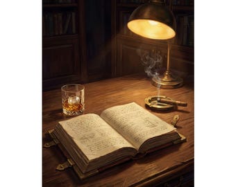 Dark Academia Library Wall Art | Whiskey & Cigar Study Decor | Matte Vertical Poster Print | Gentleman's Lounge Art