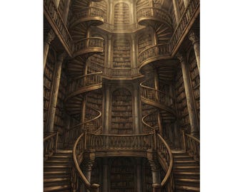 Fantasy Library Print | Spiral Staircase, Magical Academy Wall Art
