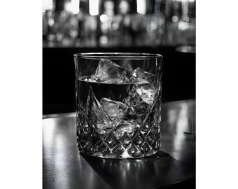 Black & White Whiskey on the Rocks Photo | Moody Crystal Glass Bar Art | Matte Vertical Poster