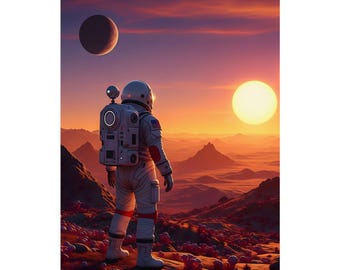 Astronaut on Alien Planet | Double Sunset Sci-Fi Landscape | Matte Vertical Poster