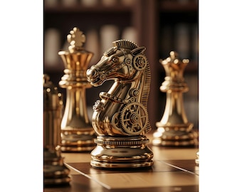 Steampunk Chess Knight | Mechanical Gold Strategy Art | Matte Vertical Poster