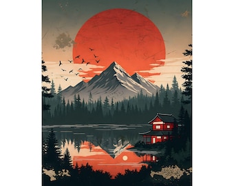 Japanese Mountain Landscape | Traditional Temple & Red Sun Art | Vintage Style Matte Poster