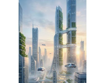 Solarpunk Cityscape | Futuristic Green Architecture Art | Matte Vertical Poster