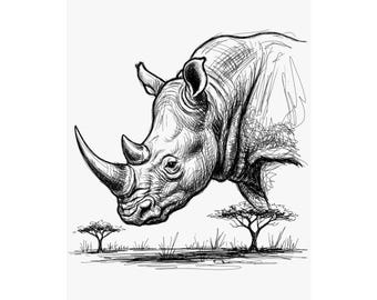 Rhino Sketch Print | Black and White Safari Animal Art | Matte Vertical Poster
