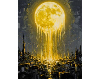 Melting Golden Moon | Abstract Impasto Oil Cityscape | Matte Vertical Poster