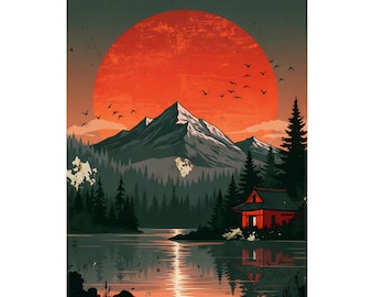 Red Sun Mountain Lake | Japanese Cabin & Pine Trees Art | Modern Retro Matte Poster