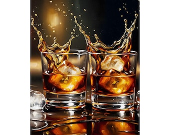 Dynamic Whiskey Splash | Amber Bourbon Toast | Matte Vertical Poster for Home Bar