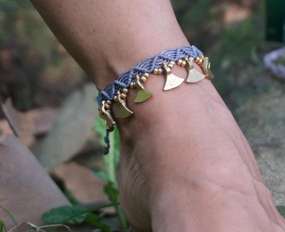 Boho Macrame Anklet, Brass Pendants, Adjustable Gypsy Jewelry