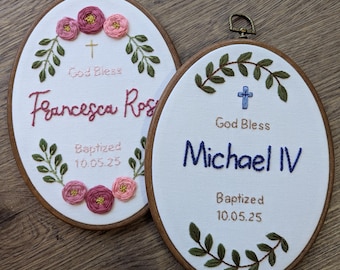Aro de bautismo bordado a mano personalizado, regalo para padrinos, Dios los bendiga, recuerdo de bautismo