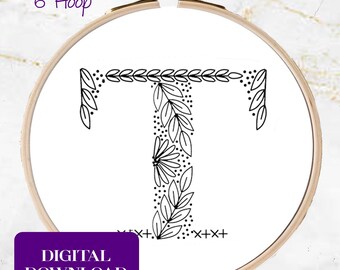 Patrón de bordado con la letra T floral (descarga digital)