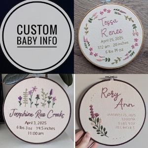 Custom Handmade Embroidery Birth Info Sign, Baby Girl, Birth Announcement Sign With Stats, New Baby Gift, Newborn Keepsake, Baby Photo Prop