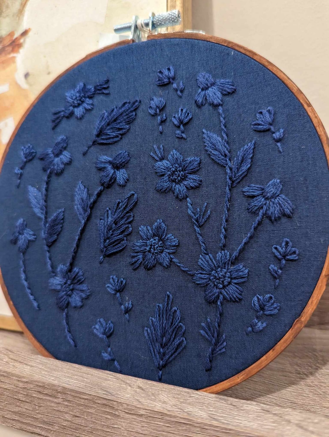 Finished Embroidered Monochromatic Hoop, Wall Hanging, Hand Embroidered