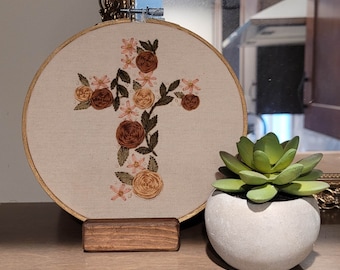 Cruz floral bordada a mano, arte de aro de bambú, decoración de Pascua