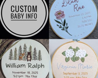 Letrero bordado a mano con datos de nacimiento, regalo personalizado para bebé, decoración para la habitación del bebé, para niño o niña.