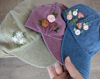 Gorra de béisbol floral bordada a mano, sombrero con estampado floral desgastado