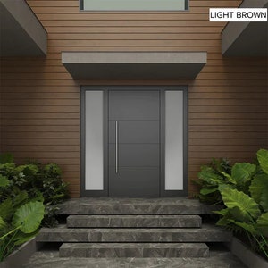 May include: A modern front door with a light brown wood siding exterior. The door is gray with a silver handle and glass panels on either side. The door opens to a set of stone steps.