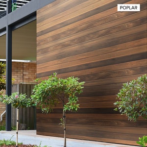 May include: A close-up of a brown wood-look wall panel with the word "POPLAR" in white text in the upper right corner. The wall is made of horizontal planks and is partially obscured by a green bush.