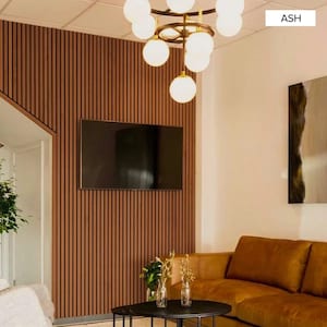 May include: A living room interior with a brown wood slat wall, a black flat screen TV mounted on the wall, a brown leather sofa, a black coffee table, and a modern light fixture with white globe lights. The text "ASH" is visible in the upper right corner of the image.
