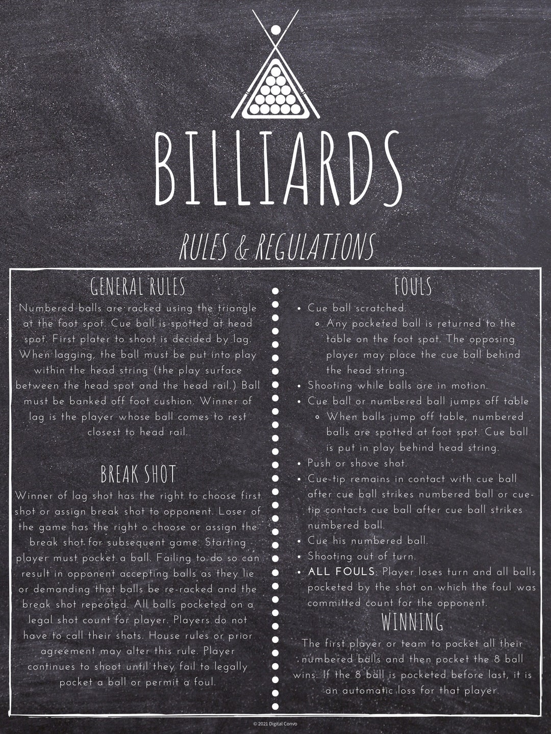 Billiards Pool Rules Poster in Small, Med, or Large - Etsy