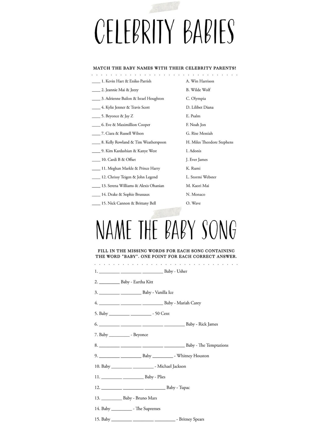 Celebrity Baby Name Game & Name That Baby Song Game Bundle, Baby Shower