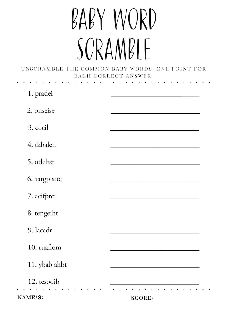 Baby Word Scramble Game, Printable Baby Shower Game, Baby Shower Games
