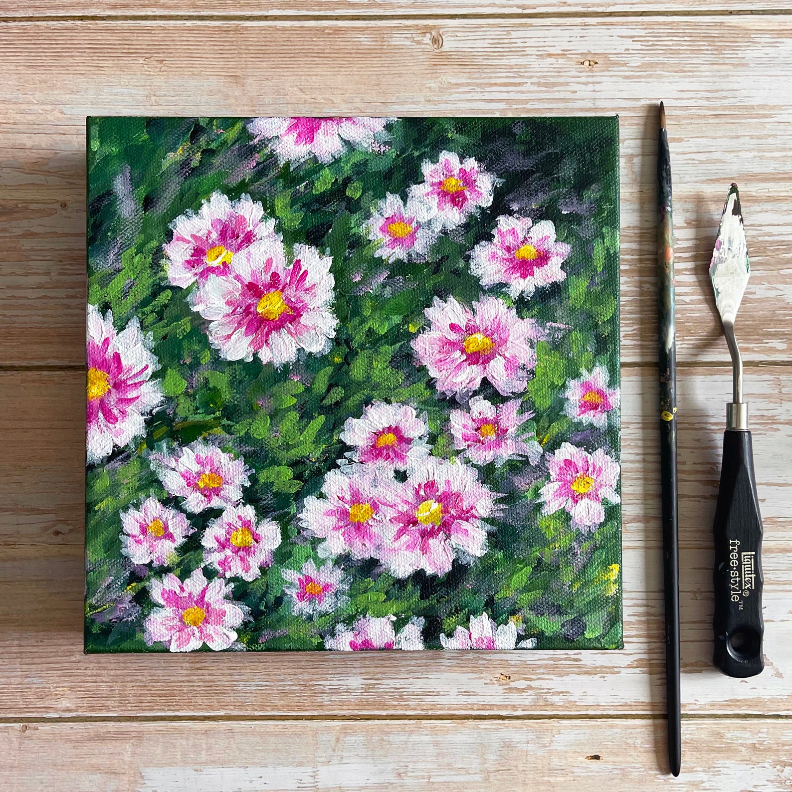Pink Cosmos Flower Acrylic Painting Abstract Art Etsy