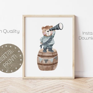 Pirate Nursery Print, Pirate room Decor, Pirate Bear Kids Print, Boys Bedroom Printable Wall Art, Nautical room decor, DIGITAL DOWNLOAD