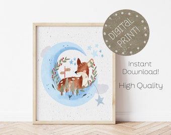 Printable Christmas Wall Art, Christmas Print Digital, Deer Nursery Decor, Deer Digital Print, Moon Printable, Space Print, DIGITAL DOWNLOAD