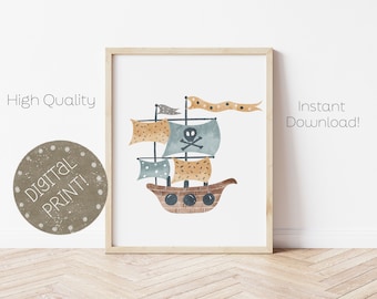 Pirate Nursery Print, Pirate room Decor, Pirate Ship Kids Print, Boys Bedroom Printable Wall Art, Nautical room decor, DIGITAL DOWNLOAD