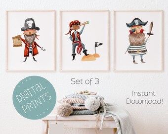 Set of 3 Prints, Pirate Nursery Art, Pirate Room Decor, Pirate Kids Print, Boys Bedroom Printable Wall Art, Boy Room Decor, DIGITAL DOWNLOAD