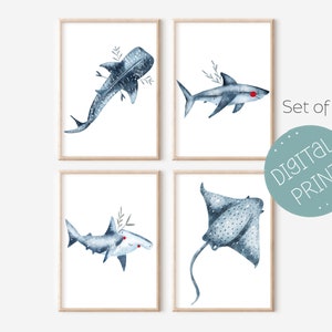 Ensemble de 4 impressions, Shark Print, Underwater Room Decor, Sea Animal Prints, Boys Room Prints, Shark Poster, Nautical Prints, TÉLÉCHARGEMENT NUMÉRIQUE