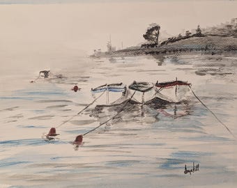 Boats in the harbor -watercolor
