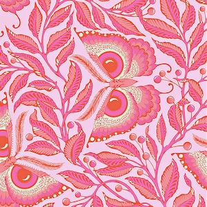 May include: A pink and orange butterfly with large eyes is surrounded by pink and orange leaves and berries on a light pink background.
