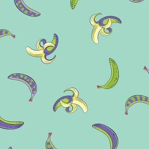 May include: A seamless pattern featuring various bananas on a light blue background. Some bananas are peeled, revealing the yellow flesh, while others are whole and have a green and purple striped pattern.